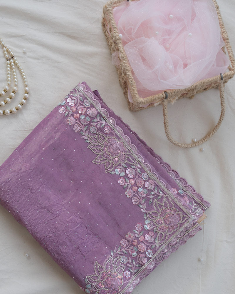 Vishal Prints Dusty Purple Tissue Organza Saree With Multi Sequence Embroidery-Diamond Work And Cut Work Border