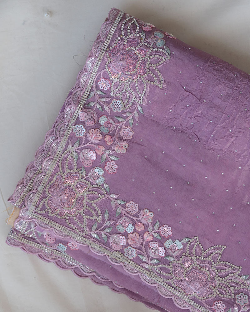 Vishal Prints Dusty Purple Tissue Organza Saree With Multi Sequence Embroidery-Diamond Work And Cut Work Border