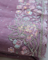 Vishal Prints Dusty Purple Tissue Organza Saree With Multi Sequence Embroidery-Diamond Work And Cut Work Border