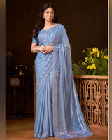 Vishal Prints Greyish Blue Fancy Chiffon Swarovski Work Saree With Embroidery-Jarkan Border