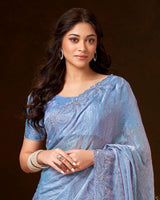 Vishal Prints Greyish Blue Fancy Chiffon Swarovski Work Saree With Embroidery-Jarkan Border