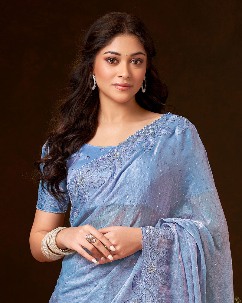 Vishal Prints Greyish Blue Fancy Chiffon Swarovski Work Saree With Embroidery-Jarkan Border