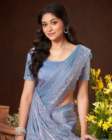 Vishal Prints Greyish Blue Fancy Chiffon Swarovski Work Saree With Embroidery-Jarkan Border