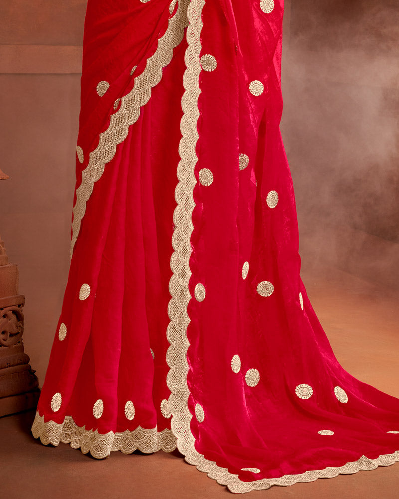 Vishal Prints Cherry Red Fancy Satin Saree With Embroidery-Zari Butta And Cut Work Border