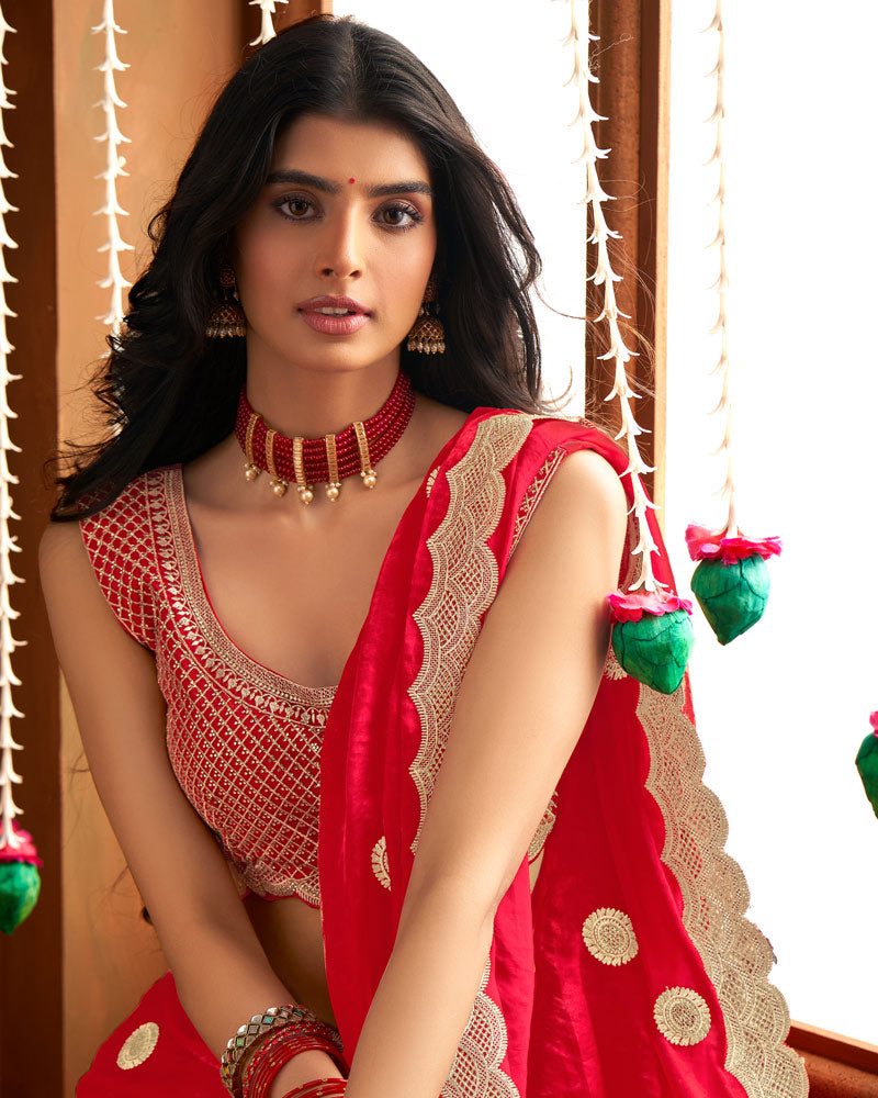 Vishal Prints Cherry Red Fancy Satin Saree With Embroidery-Zari Butta And Cut Work Border