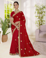 Vishal Prints Chilli Red Fancy Satin Saree With Embroidery-Swarovski Zari Butta And Cut Work Border
