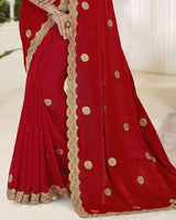 Vishal Prints Chilli Red Fancy Satin Saree With Embroidery-Swarovski Zari Butta And Cut Work Border