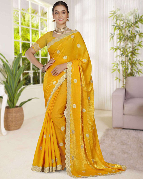 Vishal Prints Golden Yellow Fancy Satin Saree With Embroidery-Swarovski Zari Butta And Cut Work Border