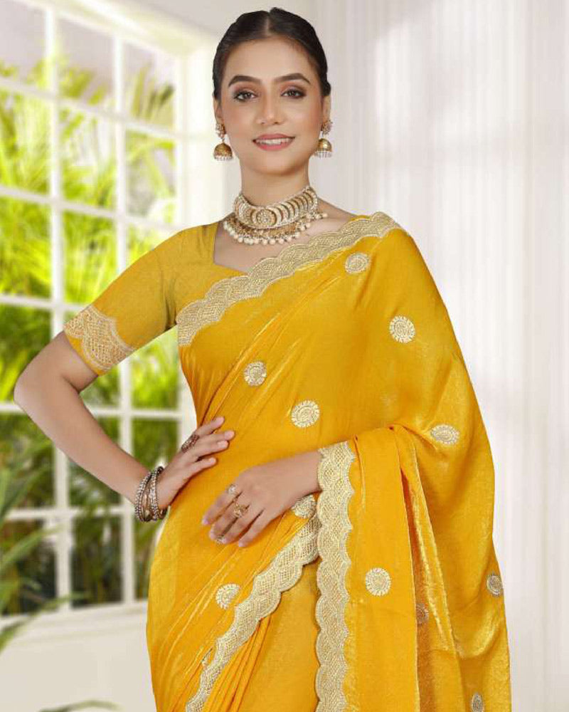Vishal Prints Golden Yellow Fancy Satin Saree With Embroidery-Swarovski Zari Butta And Cut Work Border
