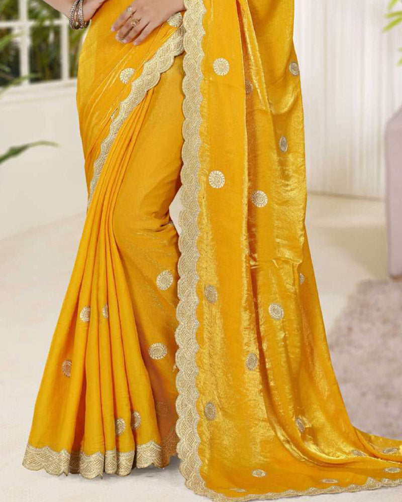 Vishal Prints Golden Yellow Fancy Satin Saree With Embroidery-Swarovski Zari Butta And Cut Work Border
