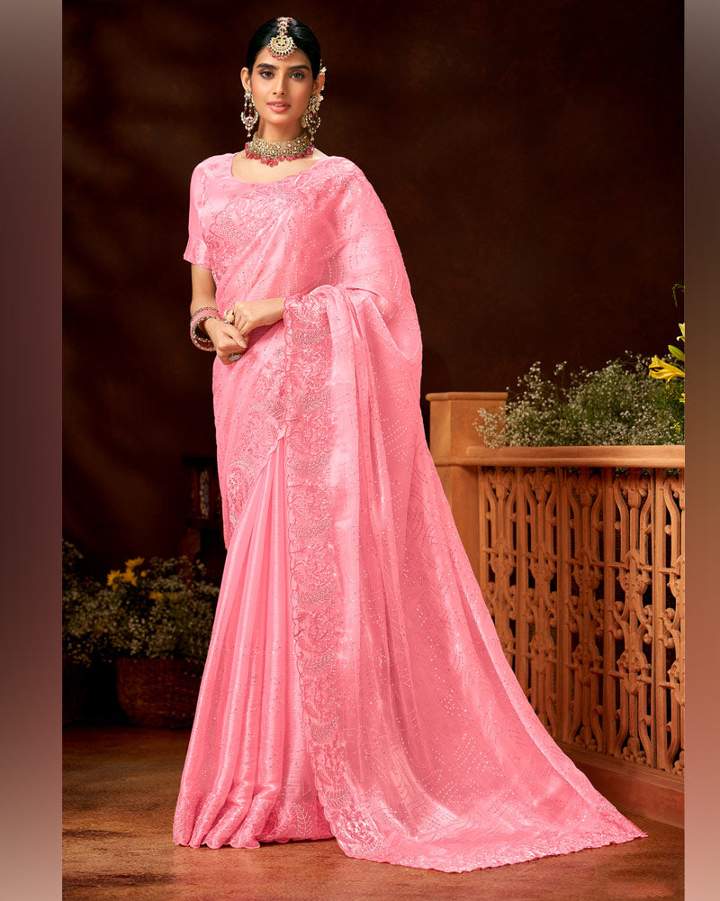 Vishal Prints Froly Pink Fancy Chiffon Saree With Sequence-Embroidery Jarkan Work And Cut Work Border