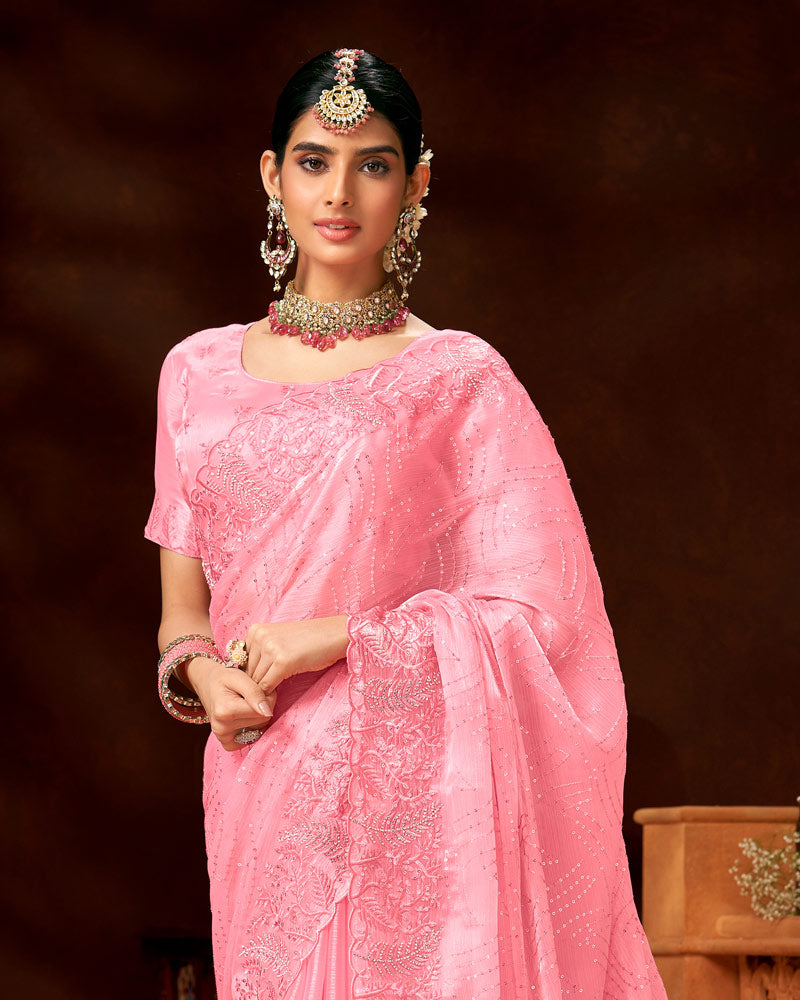 Vishal Prints Froly Pink Fancy Chiffon Saree With Sequence-Embroidery Jarkan Work And Cut Work Border