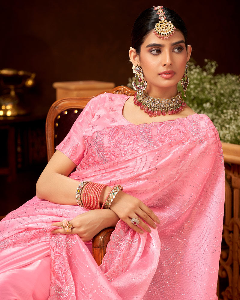 Vishal Prints Froly Pink Fancy Chiffon Saree With Sequence-Embroidery Jarkan Work And Cut Work Border