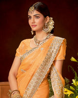 Vishal Prints Dusty Pastel Orange Fancy Chiffon Swarovski-Embroidery Work Saree With Cut Work Border