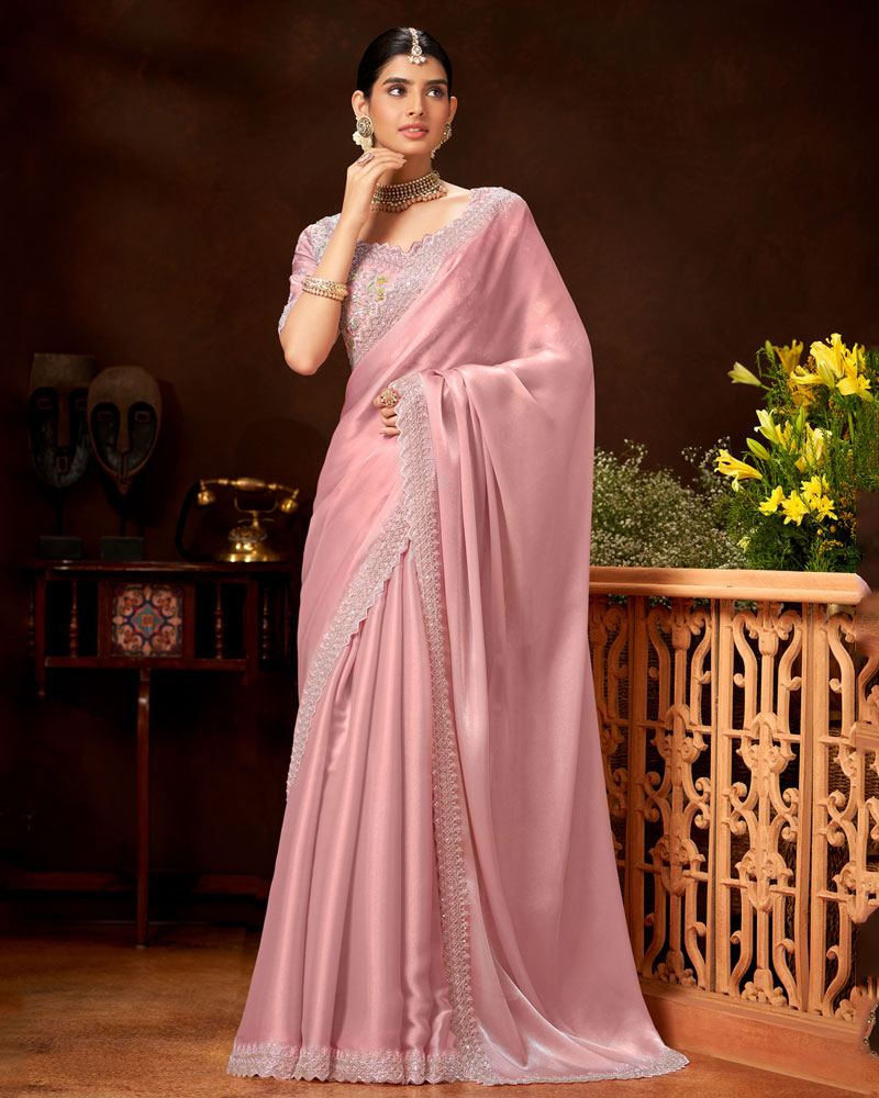 Vishal Prints Pastel Pink Fancy Satin Saree With Cut Dana Sequence-Embroidery Cut Work Border