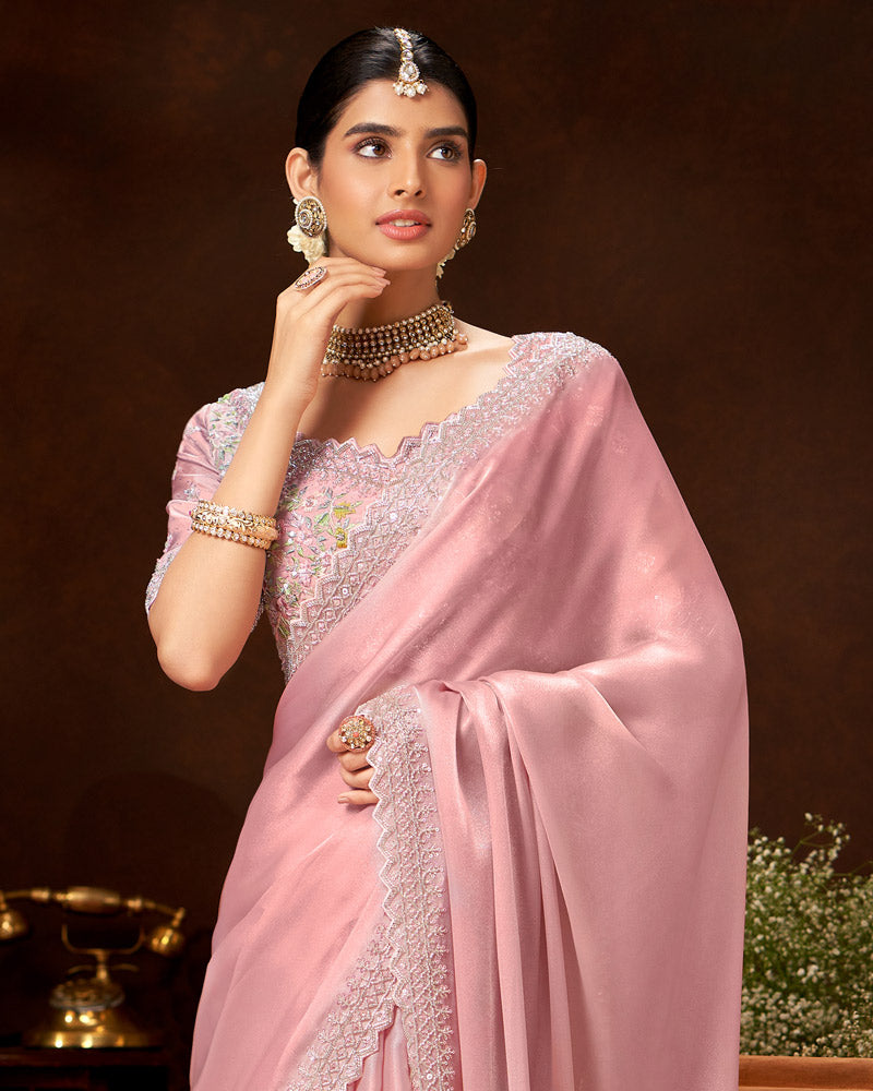 Vishal Prints Pastel Pink Fancy Satin Saree With Cut Dana Sequence-Embroidery Cut Work Border