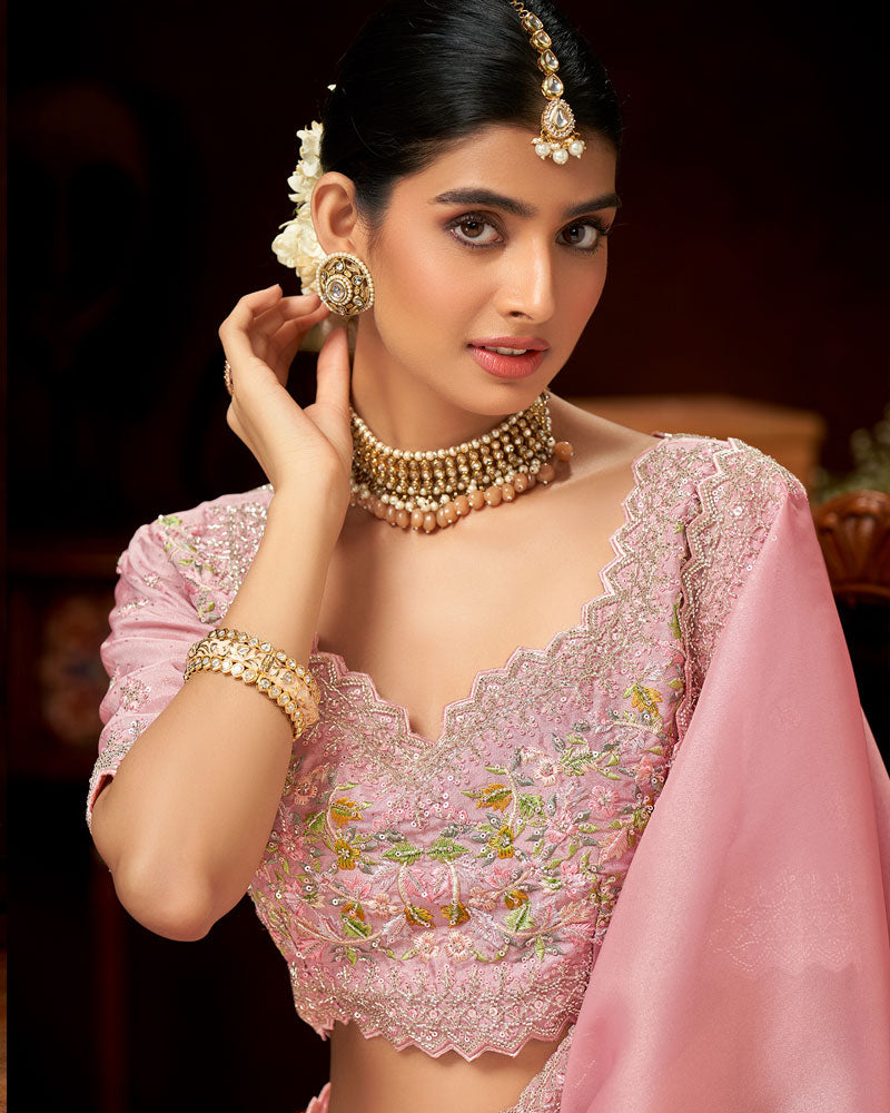 Vishal Prints Pastel Pink Fancy Satin Saree With Cut Dana Sequence-Embroidery Cut Work Border