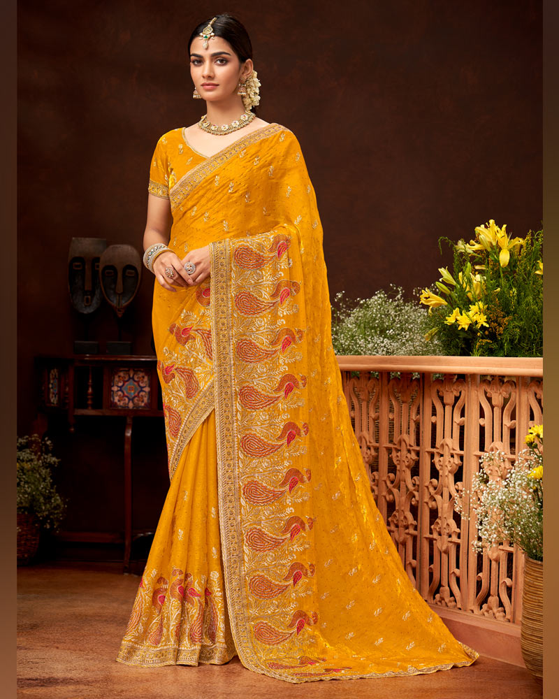 Vishal Prints Mustard Yellow Fancy Satin Saree With Swarovski-Embroidery Butti And Cut Work Border