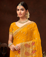 Vishal Prints Mustard Yellow Fancy Satin Saree With Swarovski-Embroidery Butti And Cut Work Border