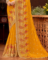 Vishal Prints Mustard Yellow Fancy Satin Saree With Swarovski-Embroidery Butti And Cut Work Border