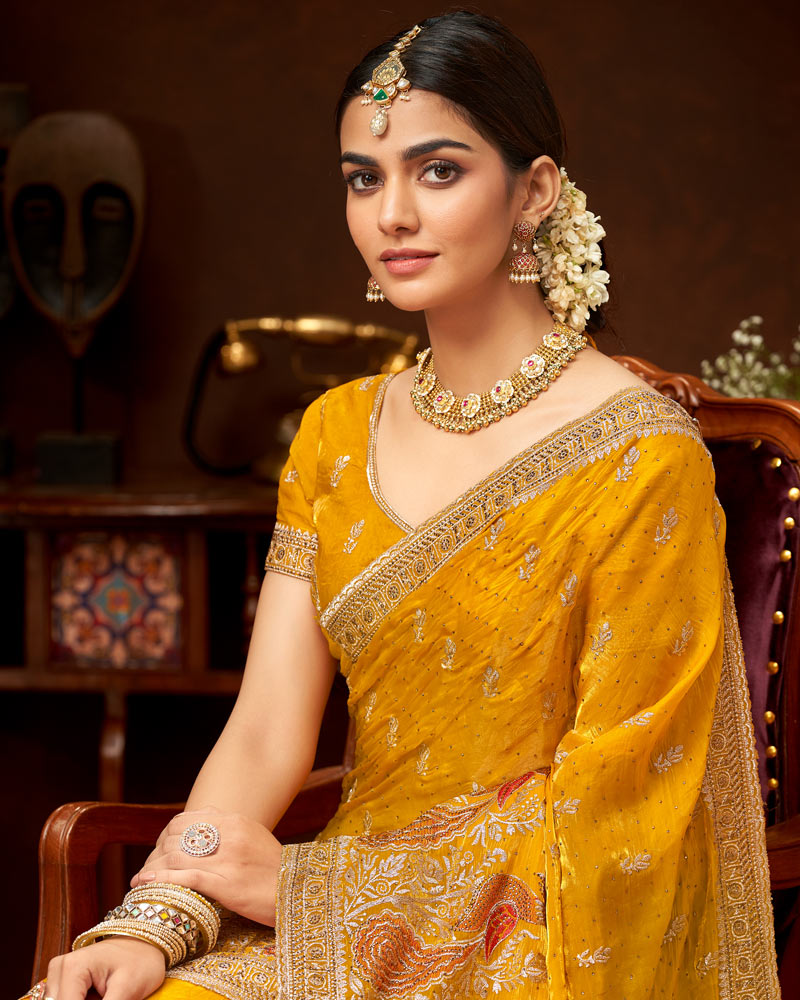Vishal Prints Mustard Yellow Fancy Satin Saree With Swarovski-Embroidery Butti And Cut Work Border