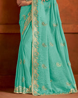 Vishal Prints Pastel Teal Green Fancy Satin Saree With Embroidery Zari Butta And Cut Work Border
