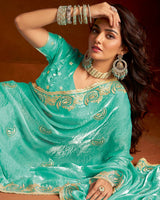 Vishal Prints Pastel Teal Green Fancy Satin Saree With Embroidery Zari Butta And Cut Work Border