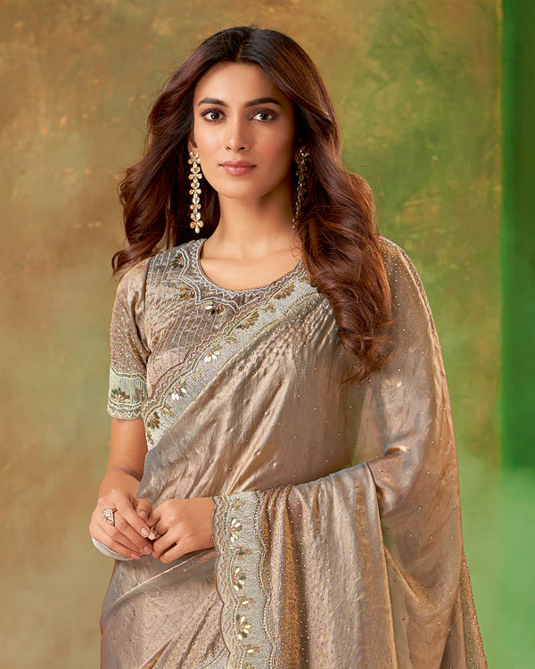 Vishal Prints Pastel Brown Fancy Satin Swarovski And Stud Work Saree With Cut Work Border