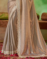 Vishal Prints Pastel Brown Fancy Satin Swarovski And Stud Work Saree With Cut Work Border