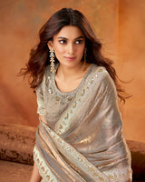 Vishal Prints Pastel Brown Fancy Satin Swarovski And Stud Work Saree With Cut Work Border