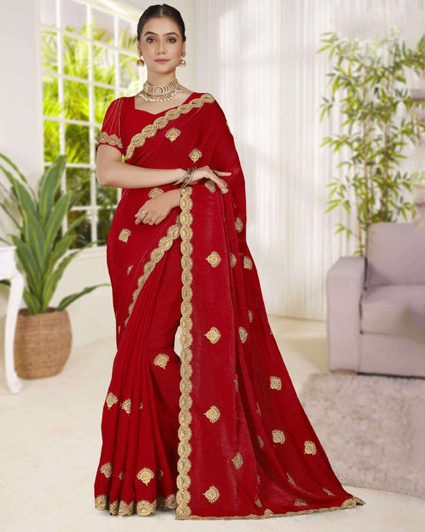 Vishal Prints Chilli Red Fancy Satin Saree With Embroidery-Swarovski Zari Butta And Cut Work Border