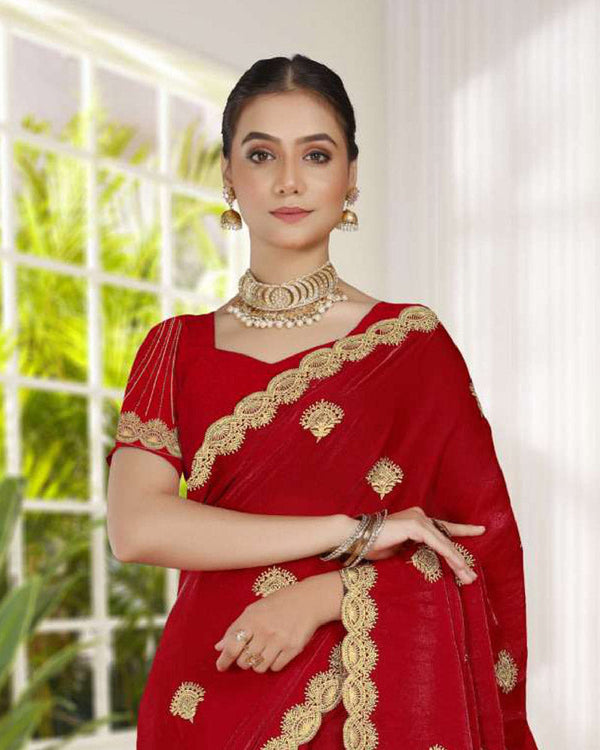 Vishal Prints Chilli Red Fancy Satin Saree With Embroidery-Swarovski Zari Butta And Cut Work Border