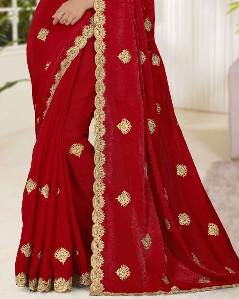 Vishal Prints Chilli Red Fancy Satin Saree With Embroidery-Swarovski Zari Butta And Cut Work Border