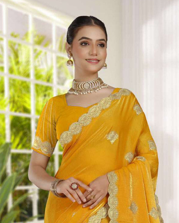 Vishal Prints Golden Yellow Fancy Satin Saree With Embroidery-Swarovski Zari Butta And Cut Work Border