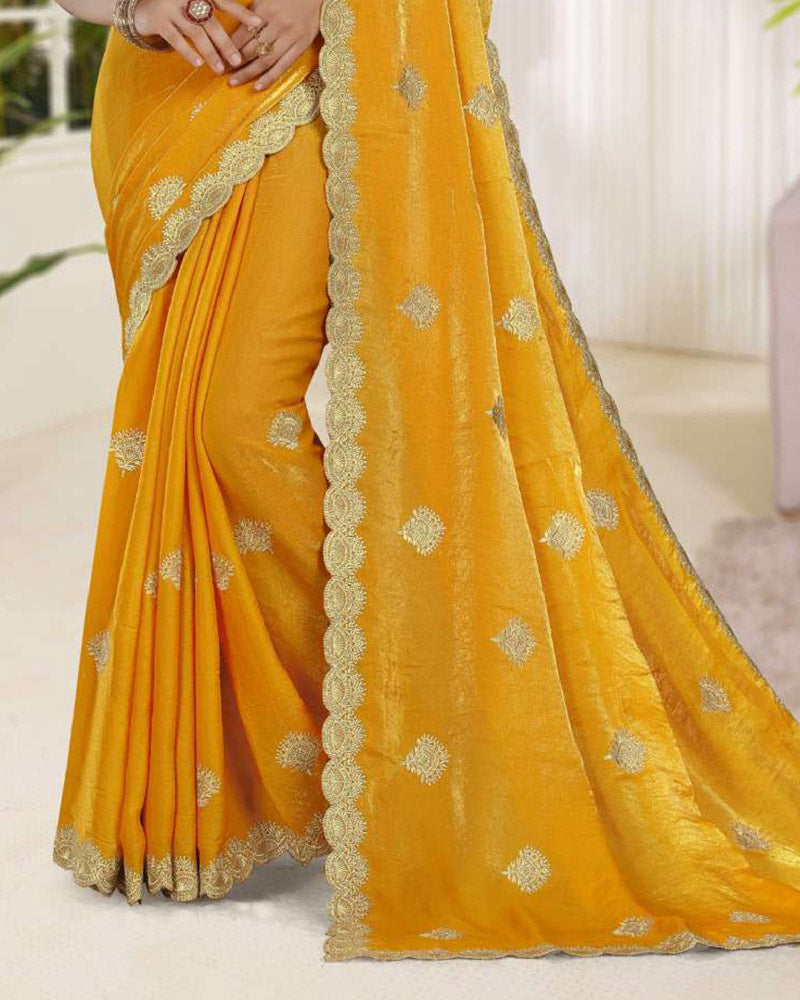 Vishal Prints Golden Yellow Fancy Satin Saree With Embroidery-Swarovski Zari Butta And Cut Work Border