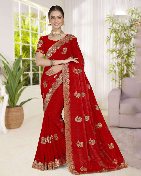 Vishal Prints Chilli Red Fancy Satin Saree With Embroidery-Swarovski Zari Butta And Cut Work Border