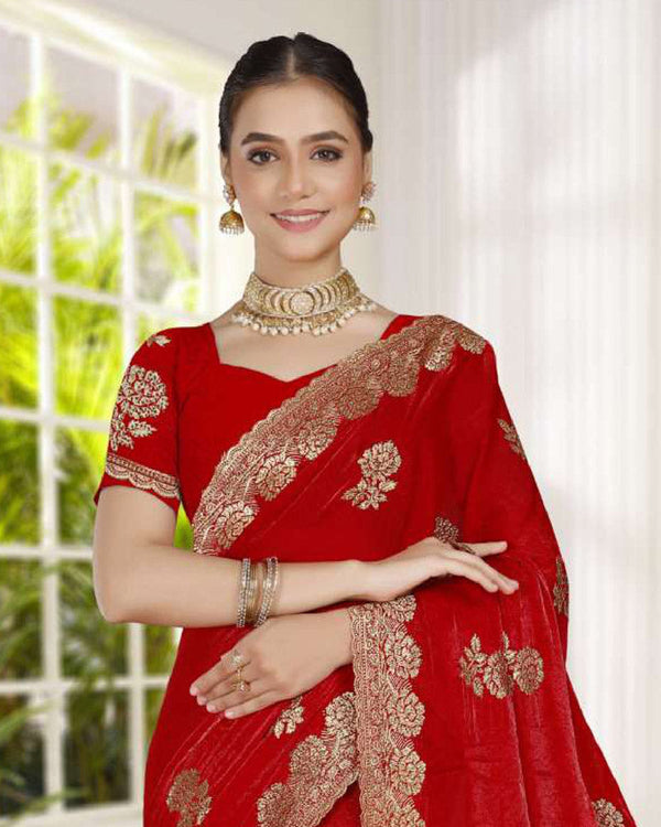 Vishal Prints Chilli Red Fancy Satin Saree With Embroidery-Swarovski Zari Butta And Cut Work Border