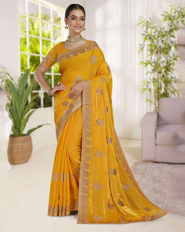 Vishal Prints Golden Yellow Fancy Satin Saree With Embroidery-Swarovski Zari Butta And Cut Work Border