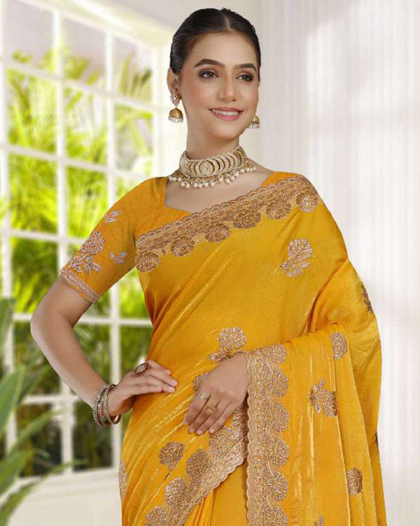 Vishal Prints Golden Yellow Fancy Satin Saree With Embroidery-Swarovski Zari Butta And Cut Work Border