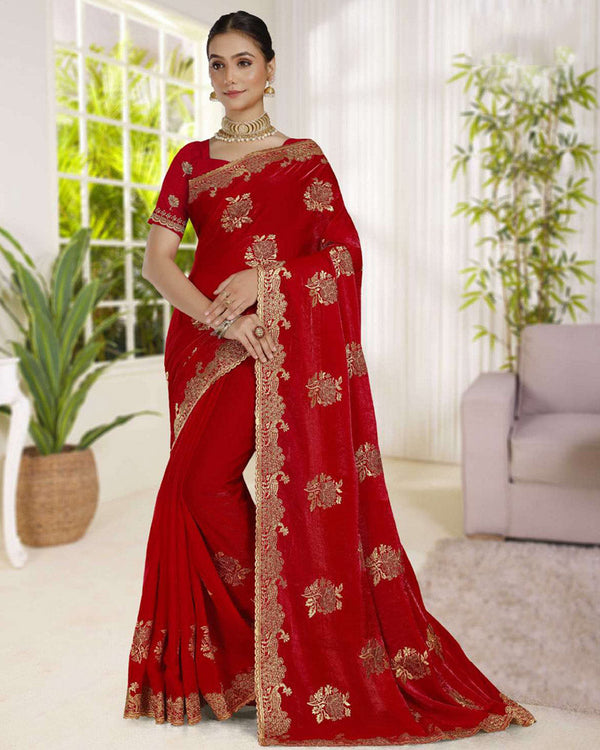 Vishal Prints Chilli Red Fancy Satin Saree With Embroidery-Swarovski Zari Butta And Cut Work Border