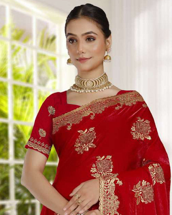 Vishal Prints Chilli Red Fancy Satin Saree With Embroidery-Swarovski Zari Butta And Cut Work Border