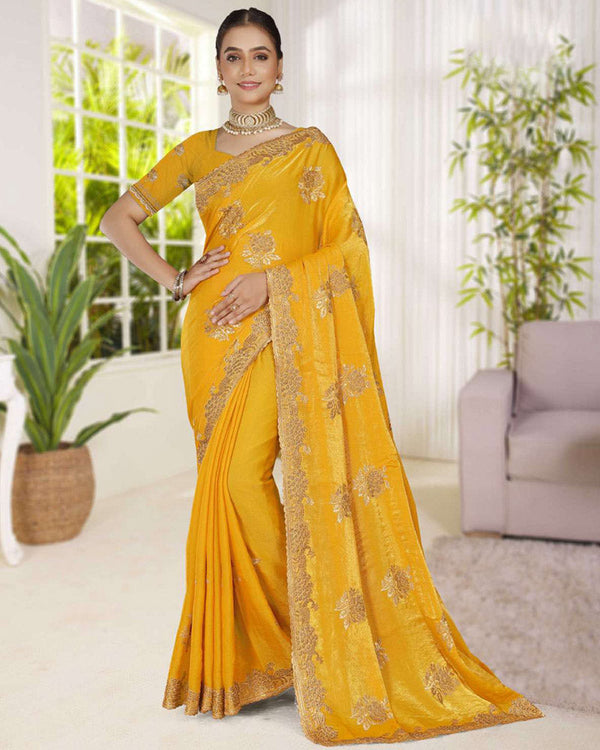 Vishal Prints Golden Yellow Fancy Satin Saree With Embroidery-Swarovski Zari Butta And Cut Work Border