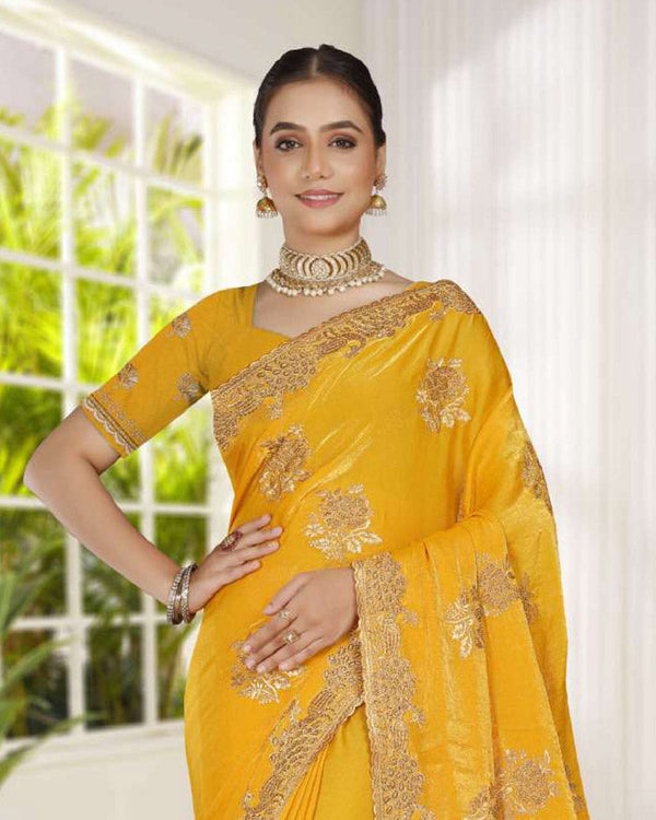 Vishal Prints Golden Yellow Fancy Satin Saree With Embroidery-Swarovski Zari Butta And Cut Work Border