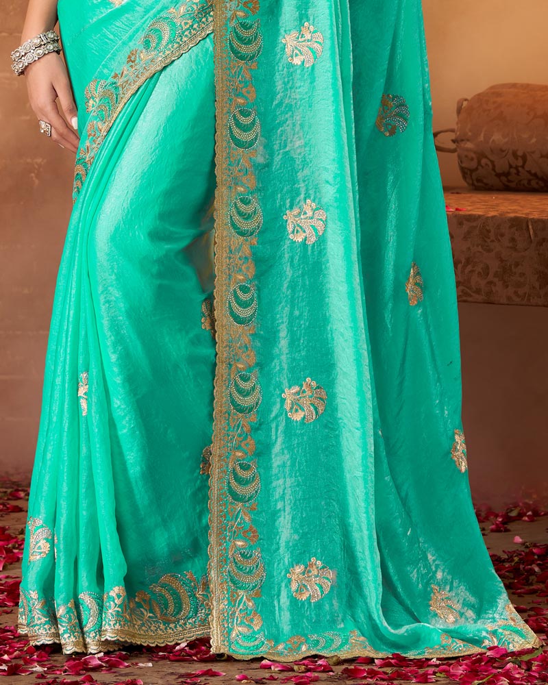 Vishal Prints Aqua Green Fancy Satin Saree With Embroidery-Zari Butta And Cut Work Border