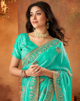 Vishal Prints Aqua Green Fancy Satin Saree With Embroidery-Zari Butta And Cut Work Border