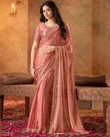 Vishal Prints Dark Peach Fancy Satin Saree With Moti-Cut Dana Work And Fancy Cut Work Border