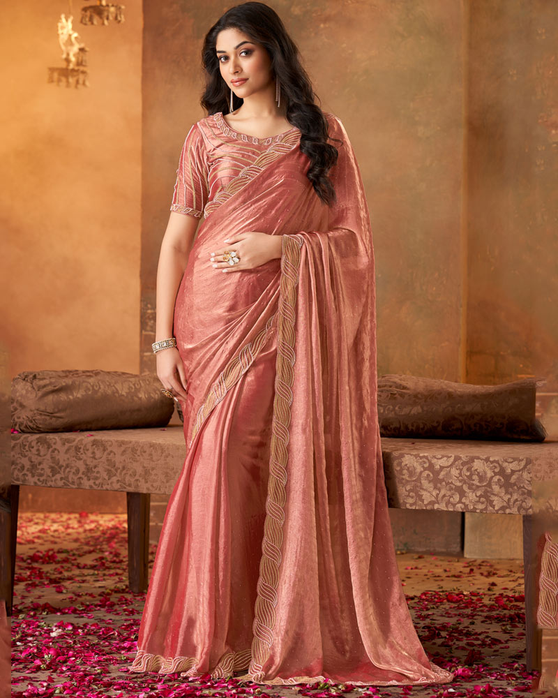 Vishal Prints Dark Peach Fancy Satin Saree With Moti-Cut Dana Work And Fancy Cut Work Border