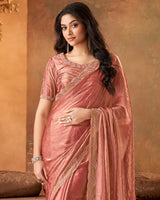 Vishal Prints Dark Peach Fancy Satin Saree With Moti-Cut Dana Work And Fancy Cut Work Border