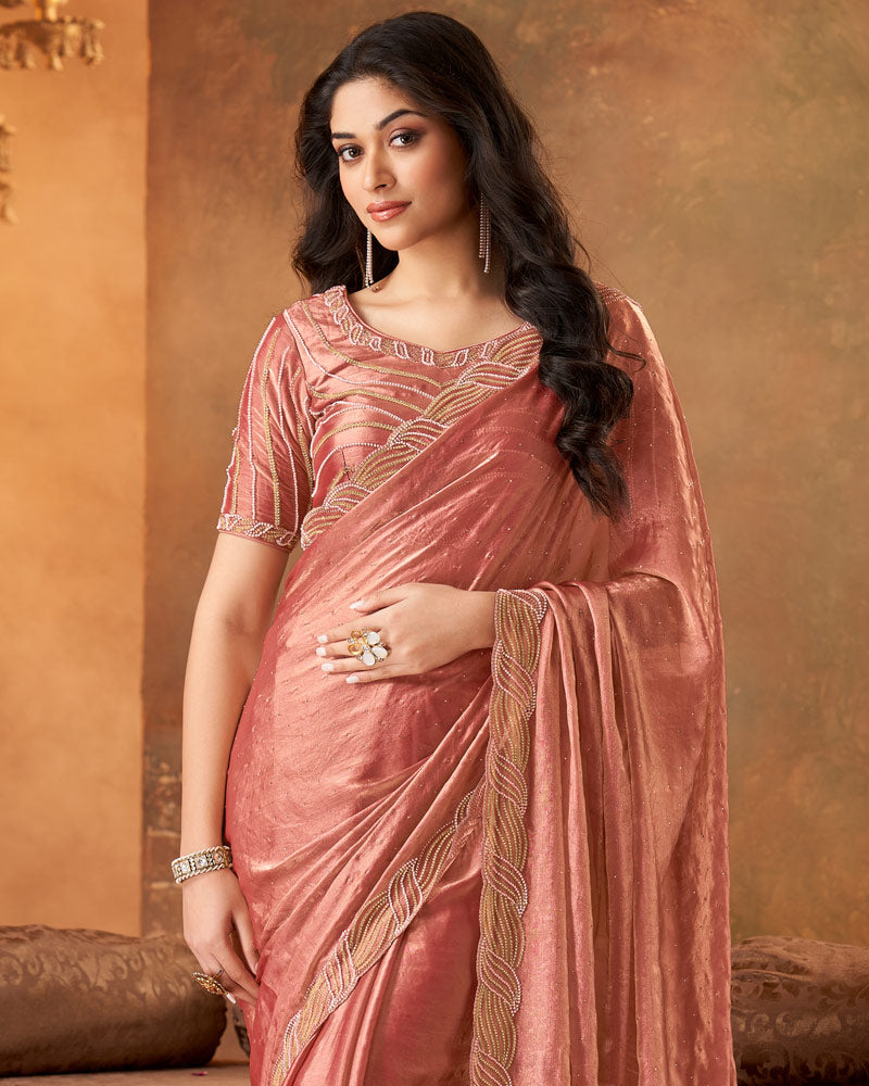 Vishal Prints Dark Peach Fancy Satin Saree With Moti-Cut Dana Work And Fancy Cut Work Border