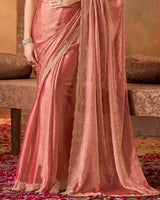 Vishal Prints Dark Peach Fancy Satin Saree With Moti-Cut Dana Work And Fancy Cut Work Border